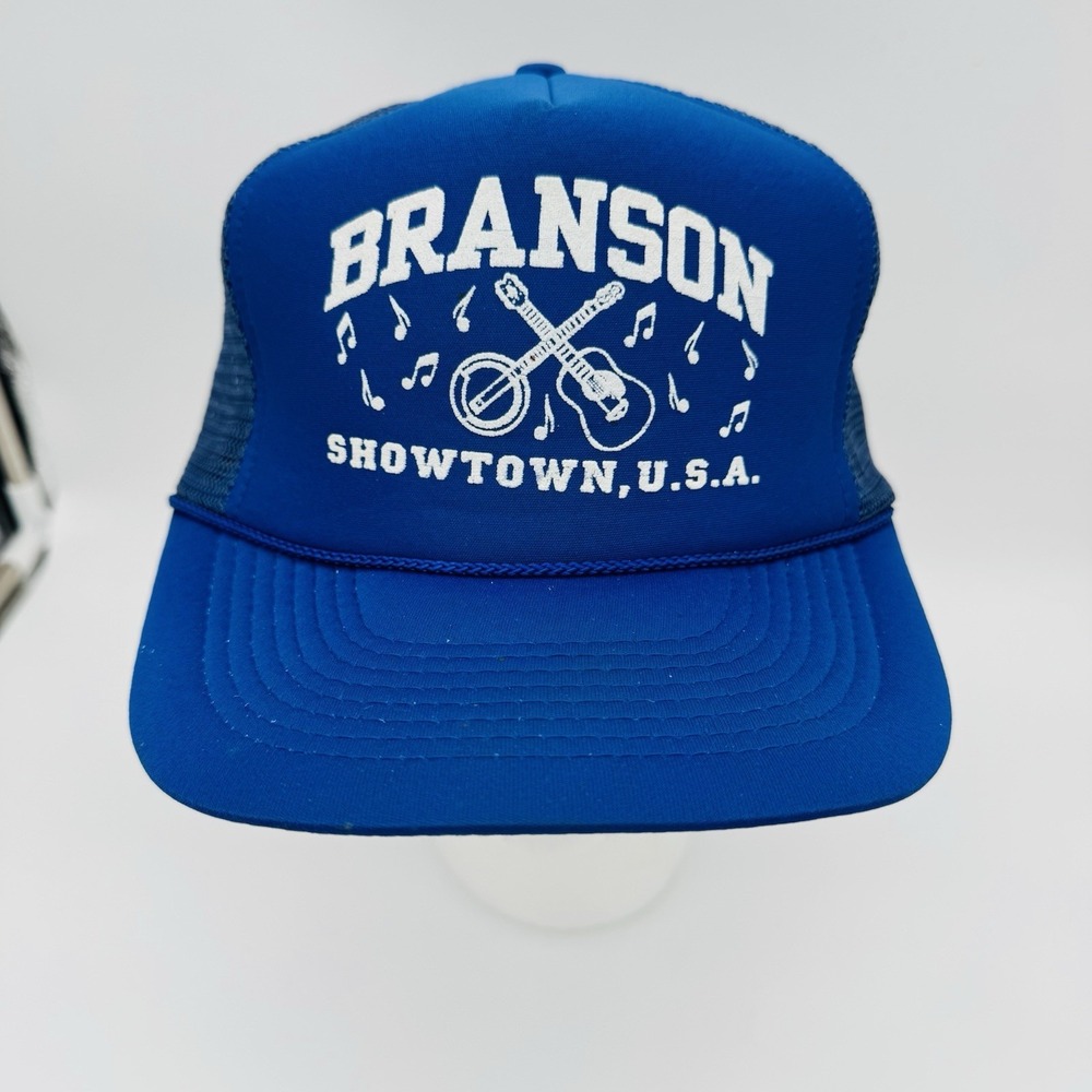 VTG Branson Missouri Showtown USA Mesh Snapback Trucker Hat Rope Front Blue Foam